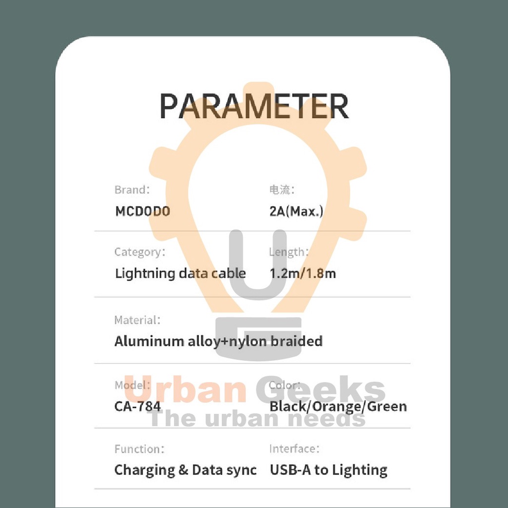 Mcdodo Lightning Kabel data iphone Fast charge 2A with LED CA7840