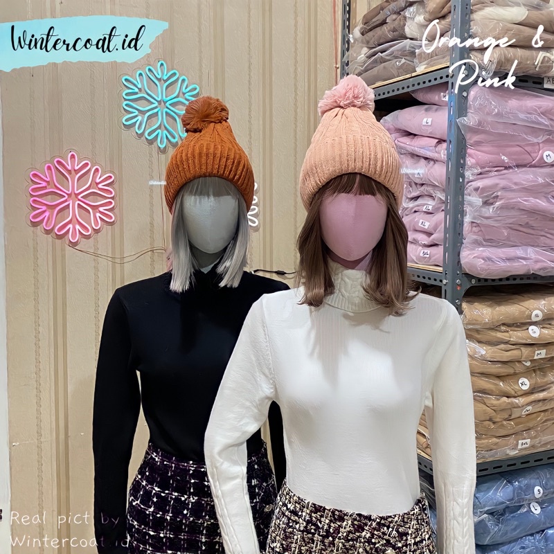 Beanie hat winter wanita topi kupluk pompom adjustable rajut wool tebal hangat musim dingin bromo unisex