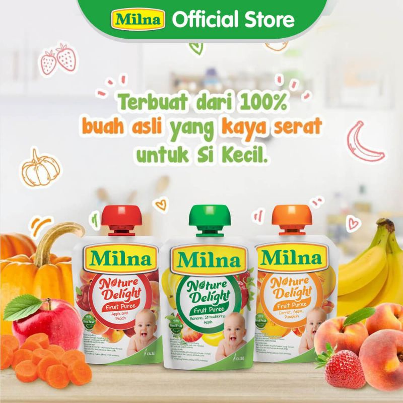 Milna Nature Delight Fruit Puree Buah 80 gr | 80gr Rasa Apple Peach, Banana Strawberry Apple, Carrot Apple Pumpkin