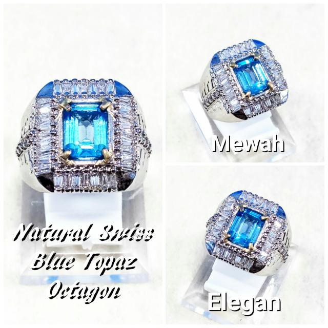 CINCIN BATU AKIK PERMATA NATURAL SWISS BLUE TOPAZ OCTAGON  SUPER MEWAH