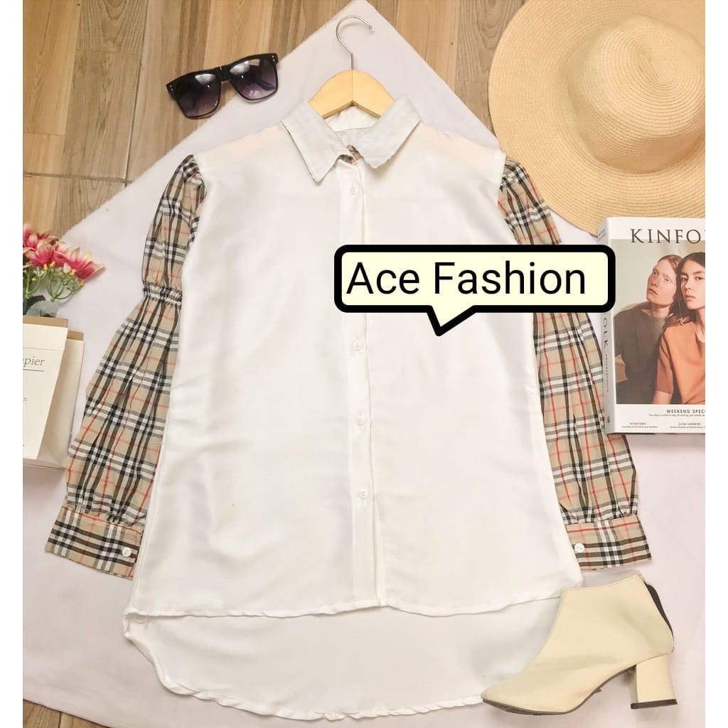 BEFAST - ZEC OOTD Wanita Blouse ECHA / Lia Combi Tartan / Blouse Combi Motif / Atasan Lengan Panjang / Blouse Combinasi / Blouse Casual Wanita / Blouse Kerja / Blouse Kekinain 2022 / Blouse Remaja Terbaru