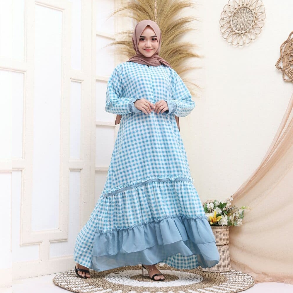Gamis Baju Muslim Susun Ceruty Wanita Syari Warna Lilac Motif Kotak Kotak Kekinian Terbaru Murah
