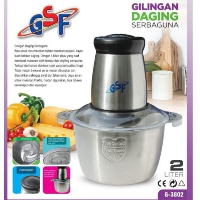 Chopper Daging GSF G-3802 Food Processor Electric 2 Liter 4 Mata Pisau Chooper Daging &amp; Bumbu -Halus