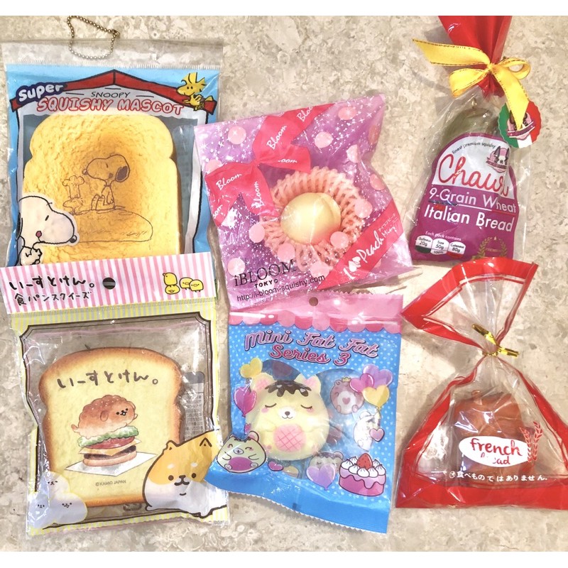 Licenced super rare squishies Tosts, mini fat fat squishy, ibloom, chawa bread & french bread