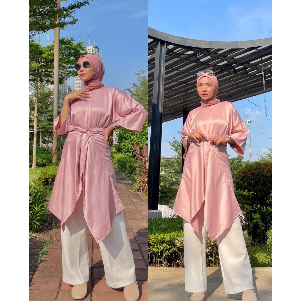 Freyya Tunik Kondangan Wanita Busui Friendly Big Size Atasan Muslim Outer Pesta Baju Satin Panjang