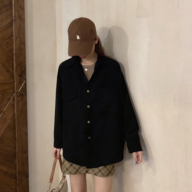 Basic Corduroy Outer Blus fashion kemeja lengan panjang longgar setengah panjang gaya Korea baru