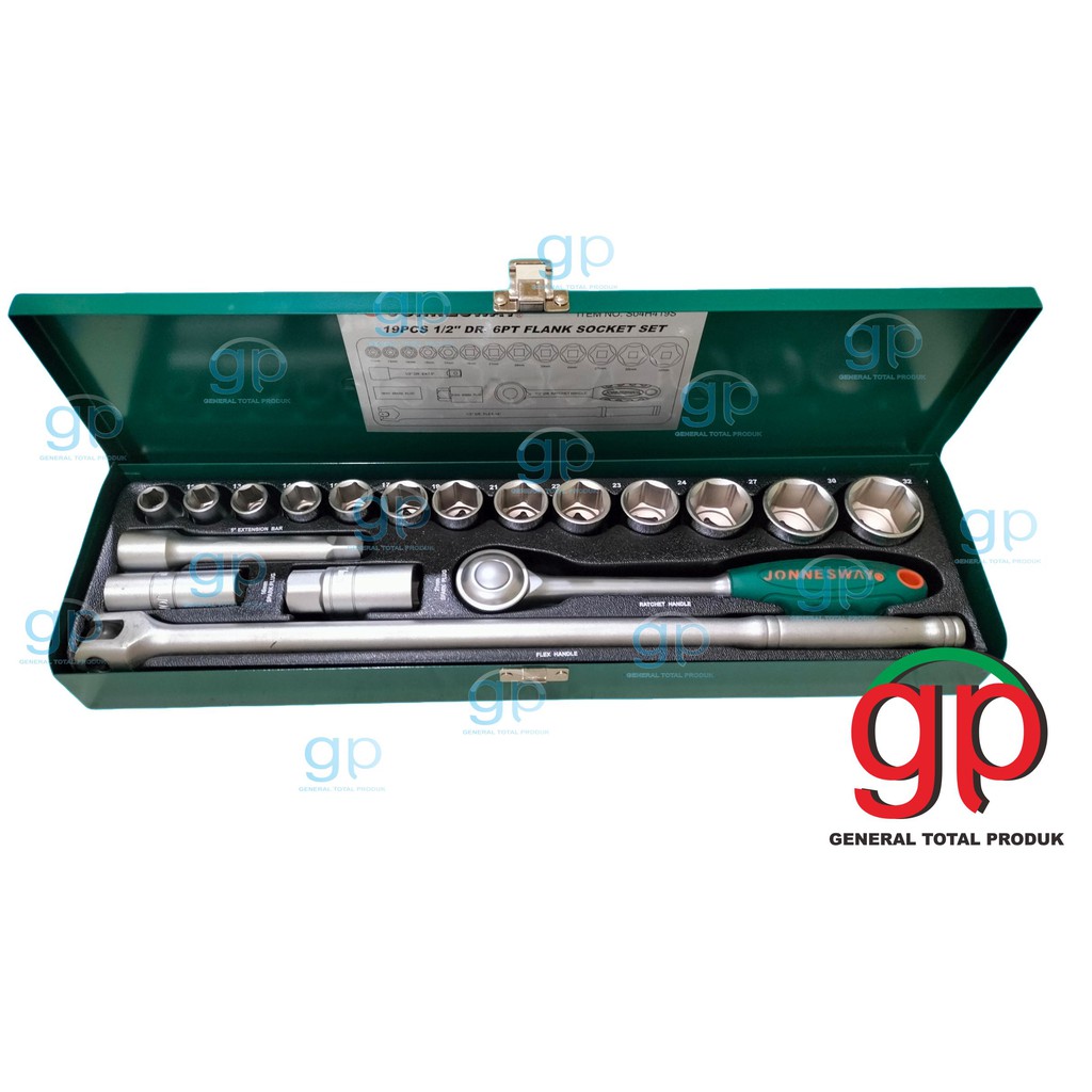 Jonnesway Heavy Duty 19Pcs 1/2" DR 6Pt Flank Socket Set S04H419S Kunci Shock Set Profesional Kunci S