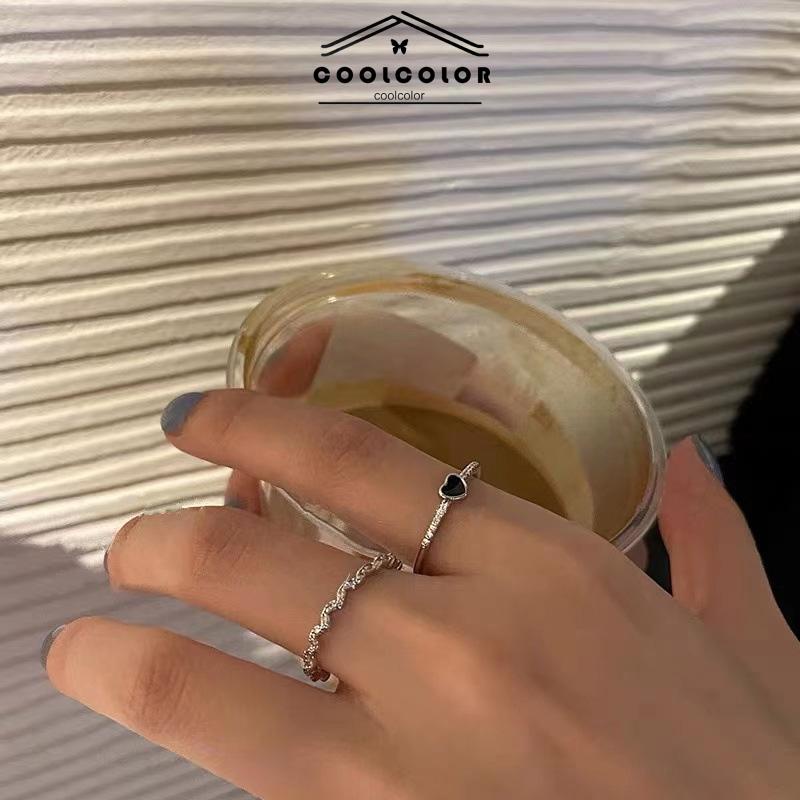COD❤️2 Pcs/Set Cincin Zirkon Hitam Wanita Anti Karat dan Anti Luntur Hati Cinta Korea Gaya Aksesoris Fashion Murah Impor-cl