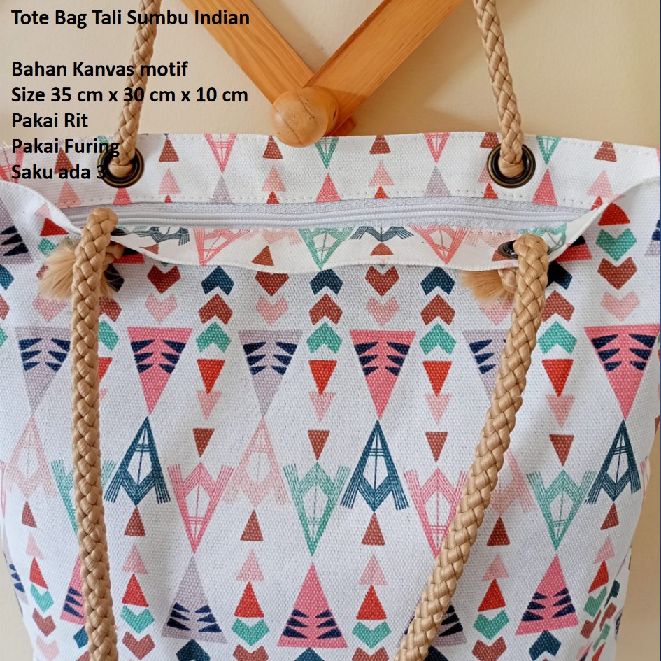 TOTEBAG KANVAS TALI SUMBU MOTIF INDIAN. TAS KANVAS TAS WANITA TAS JOGJA. Riens Collections