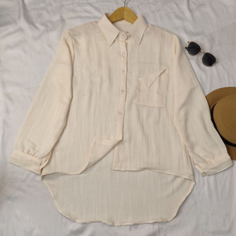 Saku Kemeja Wanita/Blus kemeja linen 2021 Kualitas tinggi Wanita/Atasan wanita kantor Wanita chic lengan panjang-KMJ SAKU~CREAM