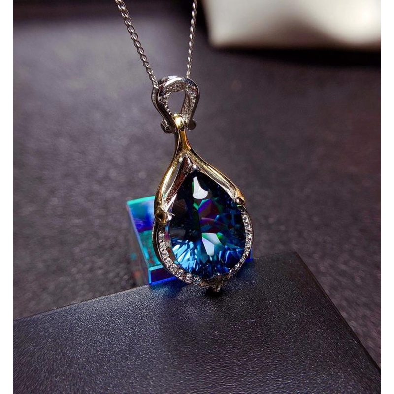 Kalung Rantai Liontin Kristal Biru Bentuk Tetesan Air Bahan Metal Lapis Silver Untuk Wanita