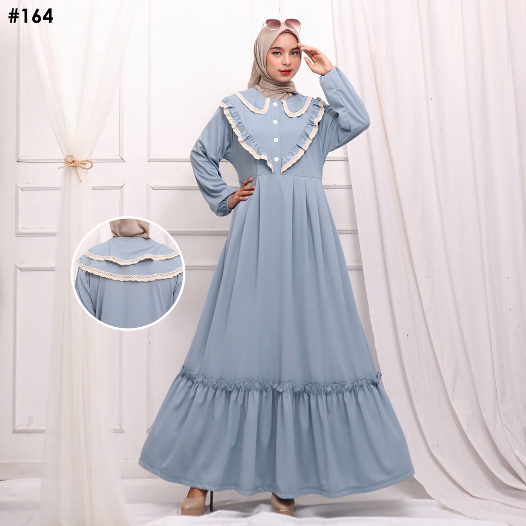 Gamis busui kancing kerah renda V ruffle dada renda (PB 140cm) rempel 2 susun tali pinggang bahan vo