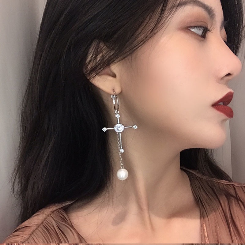 Anting Tusuk Model Silang Dengan Mutiara Gaya Harajuku Untuk Wanita