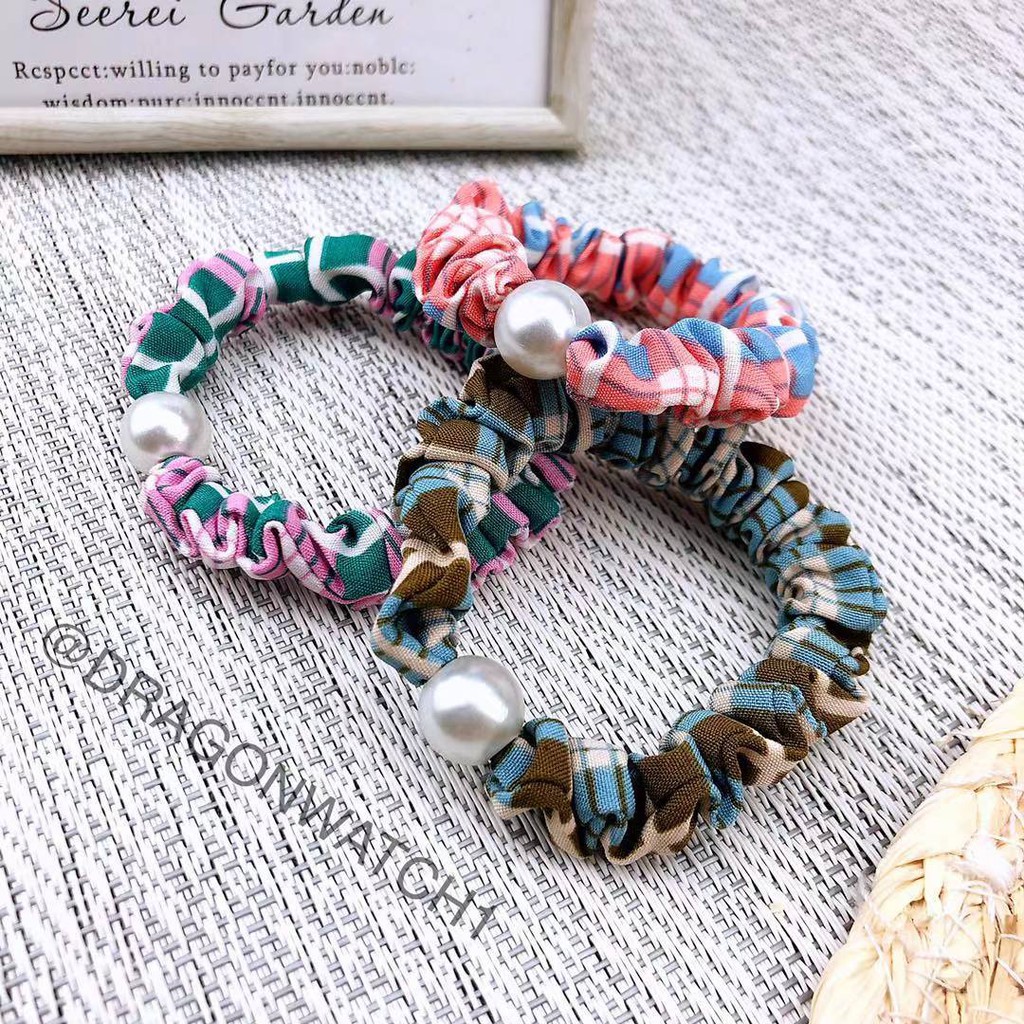 [Fashion Wanita] Ikat rambut mutiara motif Kotak-kotak gaya korea elastis cincin rambut import  T011