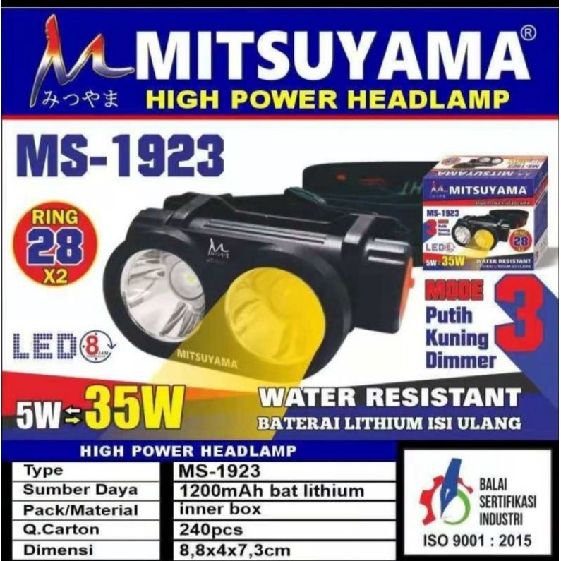 MITSUYAMA MS 1923 SENTER KEPALA LAMPU KUNING DAN PUTIH LED SENTER JIDAT MITSUYAMA 1923