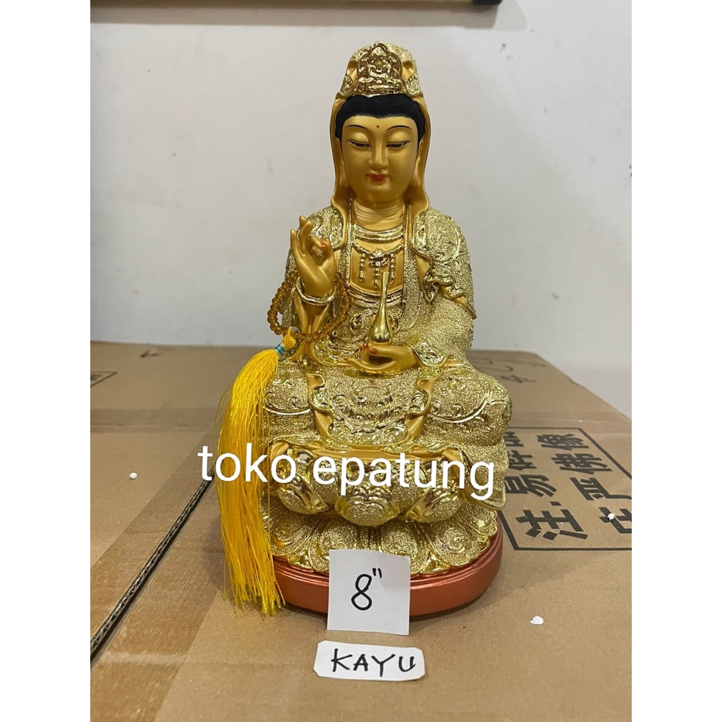 patung dewi kwan im / kwan in / guan yin -kayu -8 inch - emas