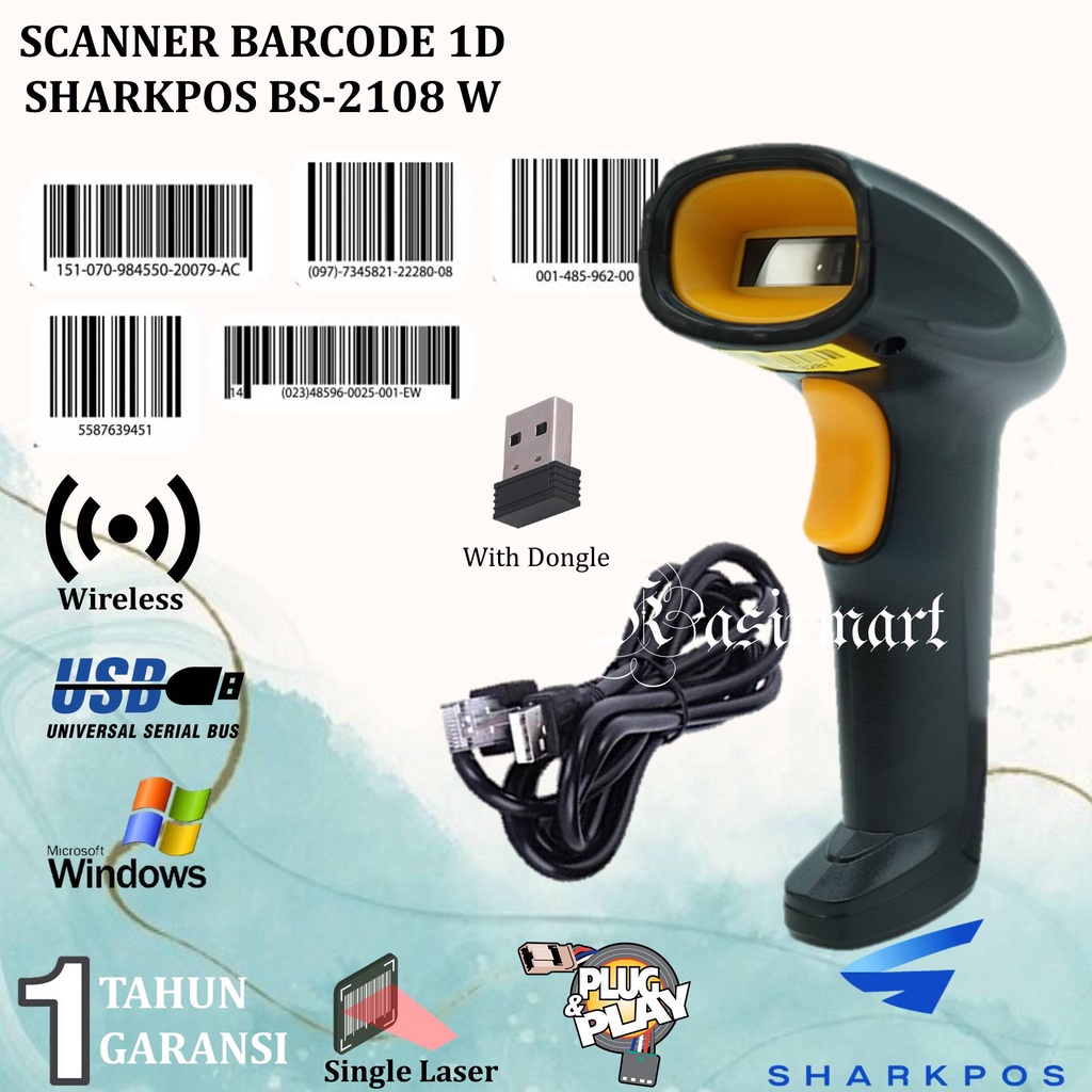 Sharkpos BS2108W Scanner Barcode 1D Wireless USB Dongle Receiver E81W Tanpa Stand