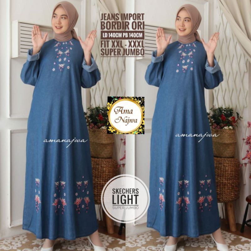 Gamis Jeans import super jumbo 5xl ld 140cm bordir bunga asli