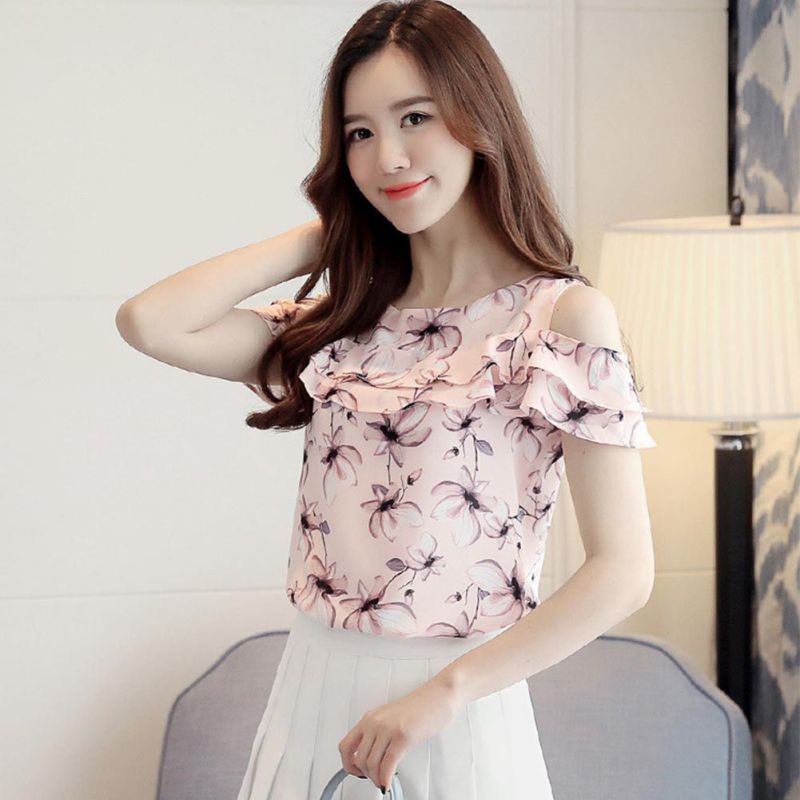 Blus Sifon Off Shoulder Sabrina Lengan Pendek Motif Bunga untuk Wanita