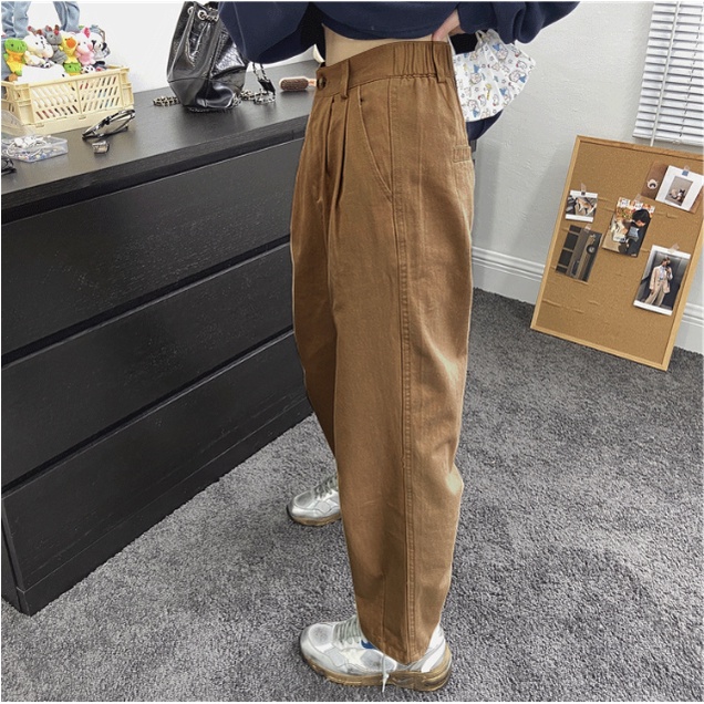 Warna Khaki Jeans Celana Wanita--Straight Loose Ukuran Jumbo