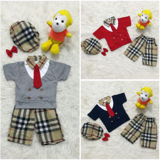 94 Baju Setelan Anak Bayi Cowok Laki-Laki Burberry Set Topi Dasi - Abu-Abu, Size L