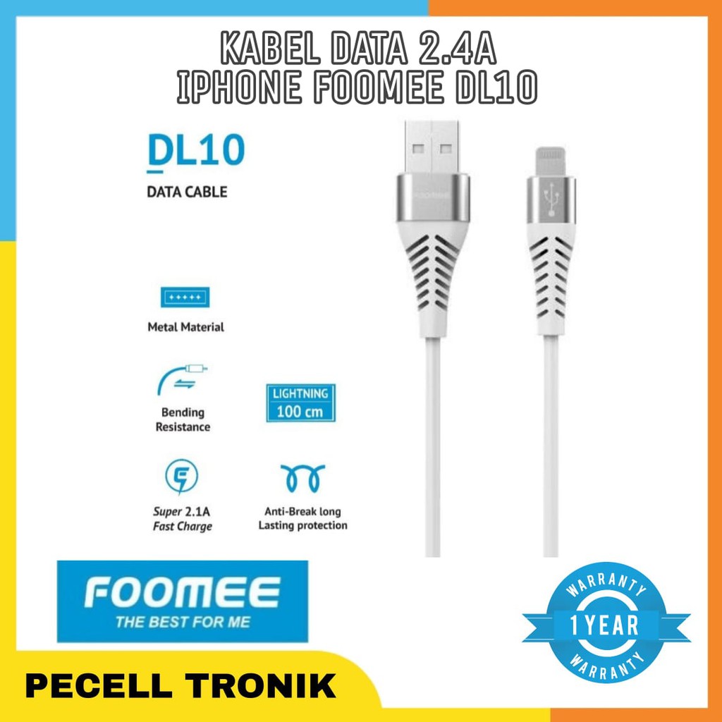 Kabel Data Lightning Cable Charger Casan Casing 2.1A Fast Charging Original Garansi 1th Foomee DL10