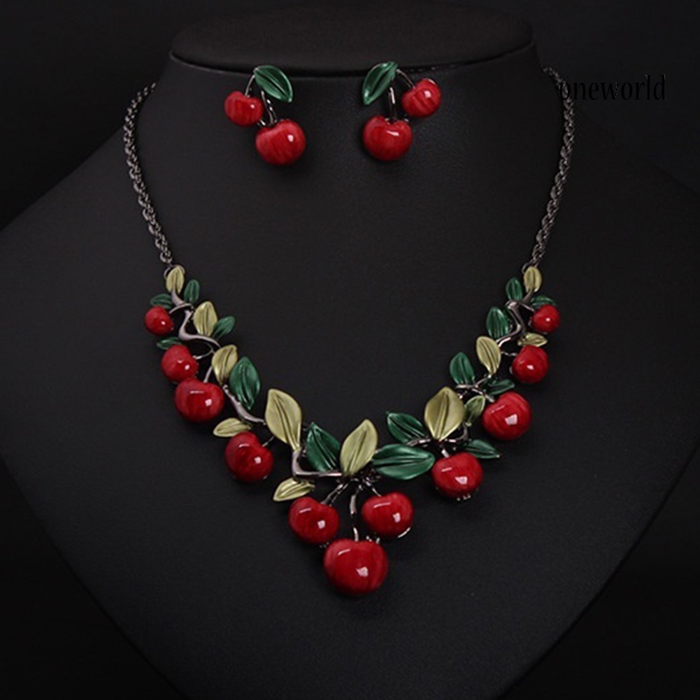 OW@ 1 Set Vintage Red Cherry Fruit Jewelry Set Chic Bridal Necklace Earrings