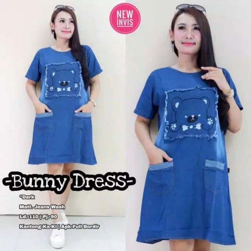 SIZE JUMBO LD 110 BUNNY DRESS VARIASI BORDIR EMBLEM Terlaris Rekomendasi Influencer artis Tik-Tok