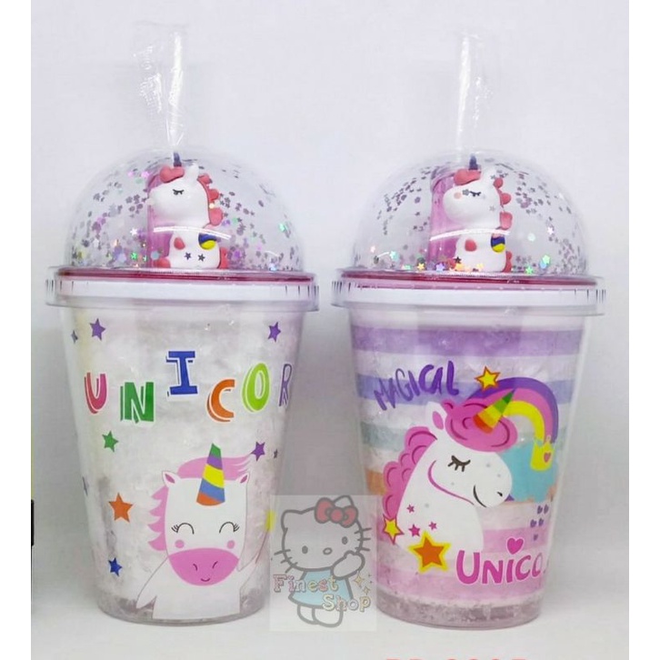 Tumbler Unicorn Gelas GLITTER Tempat Minum SANRIO Cinnamoroll Kuromi Melody Kitty Sedotan Bubble Rainbow Sparkle Blink Kristal Unik Double Wall Cup Glass Kado Hadiah Botol Minum Hologram Design Gelas Lampu Unik Light Glass Bottle Straw Cup