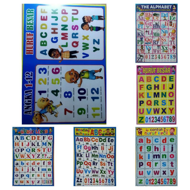 POSTER EDUKASI ANAK MENGENAL HURUF HURUF ABJAD BESAR & KECIL PER PAKET ( 6 LEMBAR)