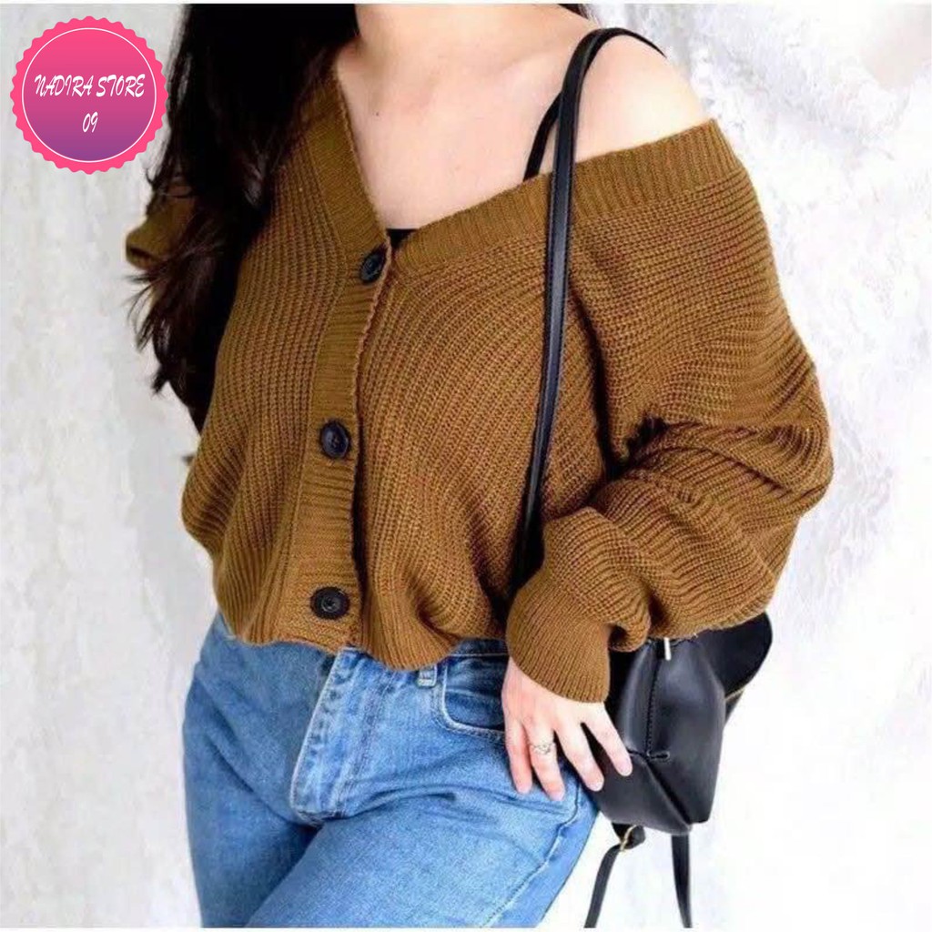 Cardi Kancing Tiga - semi crop cardigan rajut Premium