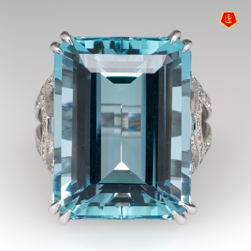 [Ready Stock]Inlaid Sea Blue Topaz Square Diamond Ring Fashion