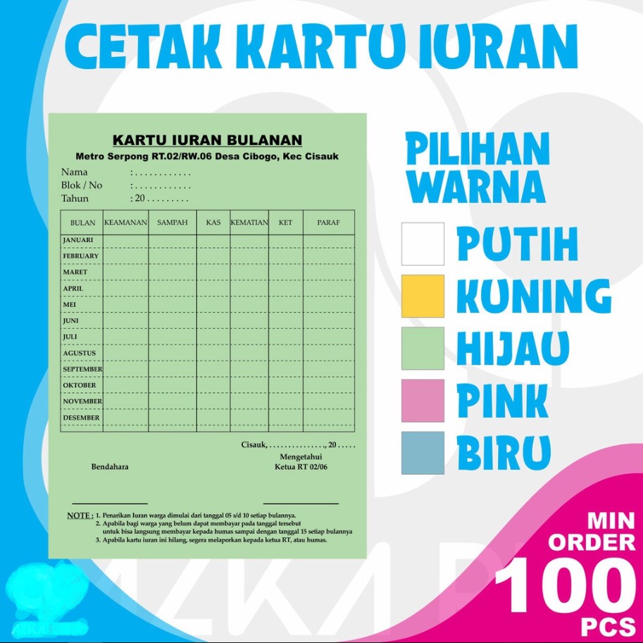 

kartu iuran warga / kartu infaq / kartu spp / kartu paket