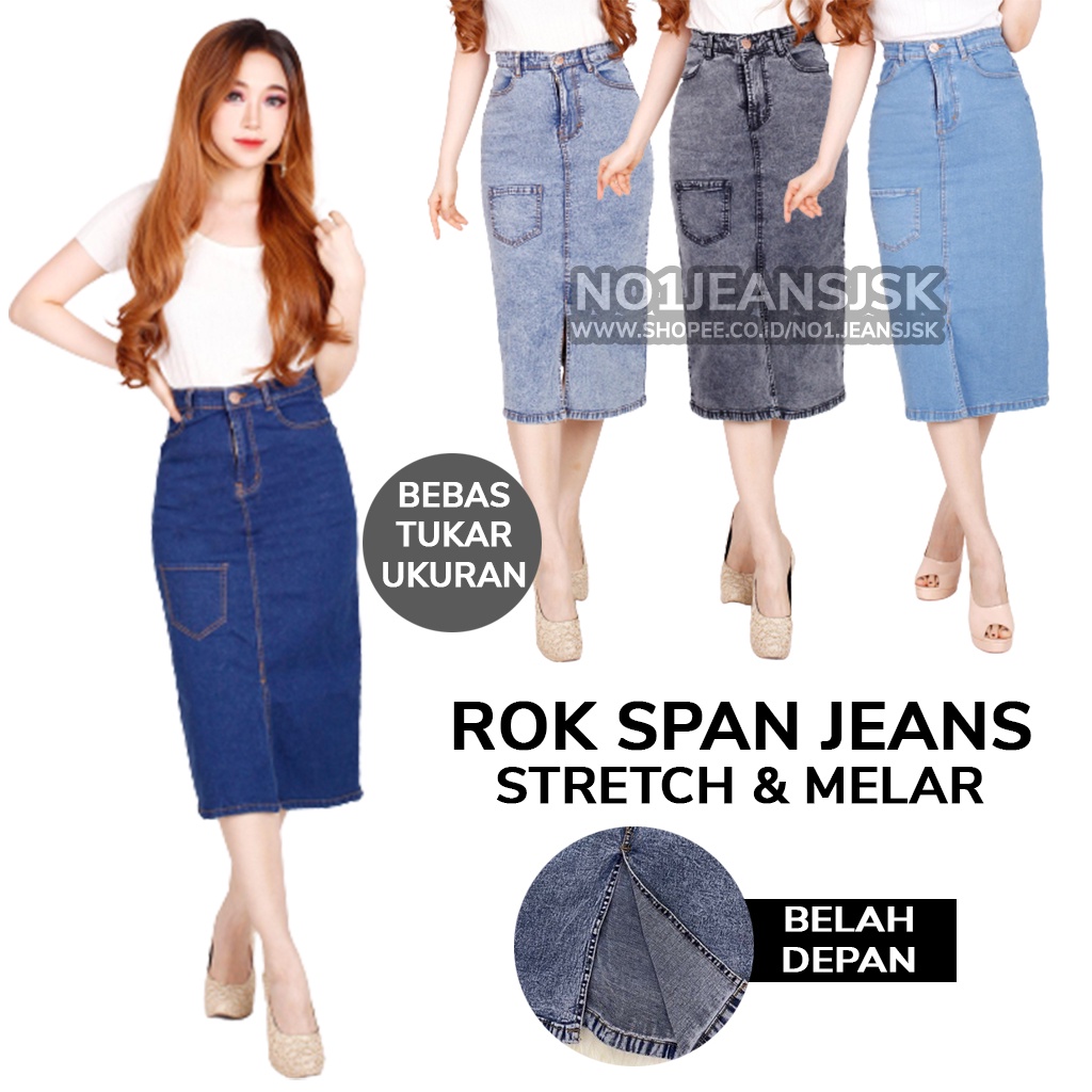 Jual TERMURAH | ROK JEANS SPAN WANITA 7/8 | ROK SPAN JEANS BELAH DEPAN