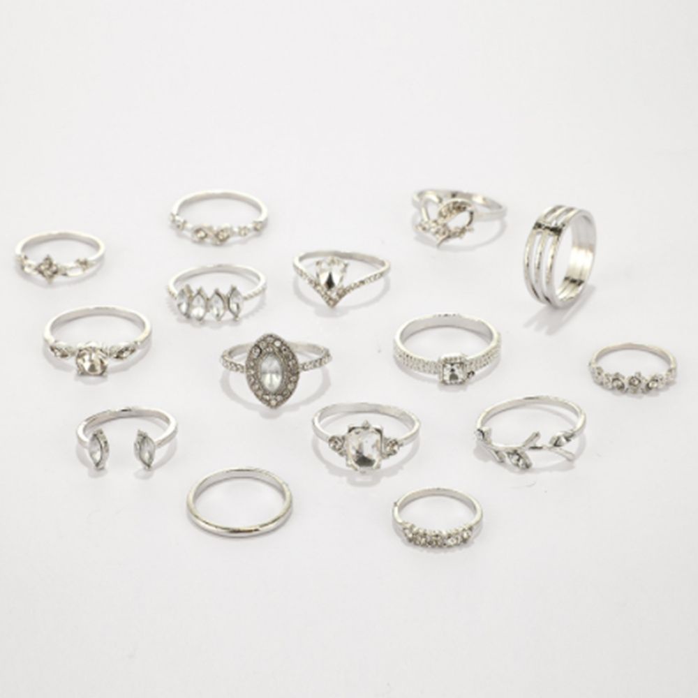 ROW 15PCS Party Rings Set Women Hollow Heart Boho Finger Ring Fashion Jewelry Silver Color Elegant Statement Crystal Leaves Flower