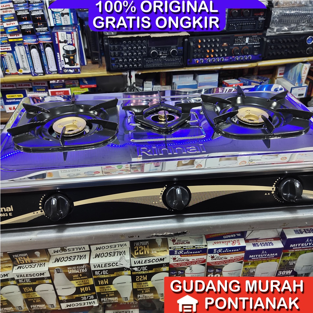 Kompor Gas Rinnai 3 Tungku api lilin Ri 603 E body lepas stainless anti karat badan rangka bisa di lepas