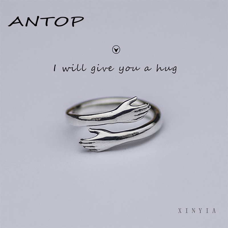 Hot New 925 Sterling Silver Eropa dan Amerika Perhiasan Cinta Pelukan Cincin Retro Mode Pasang Arus Cincin Terbuka ANTOP