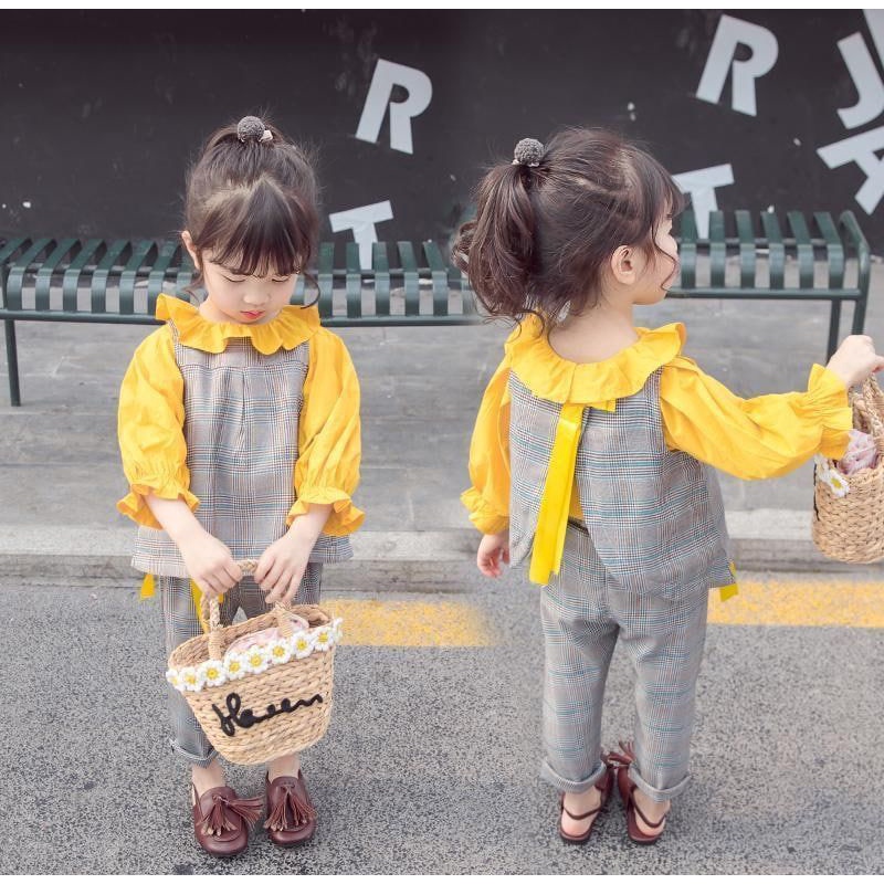 Fashion anak perempuan import 3in1 kuning mustard setelan celana rompi atasan lengan panjang grey ye