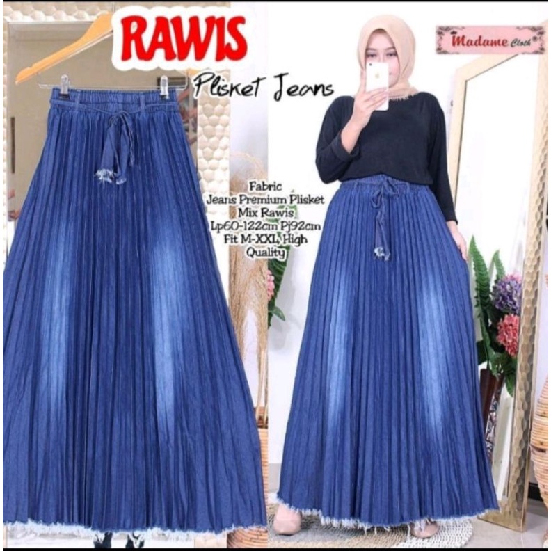 ROK JEANS PLISKET SUPER JUMBO KANCING WANITA/ROK WANITA PLISKET RAWIS DEWASA-Birutua polos