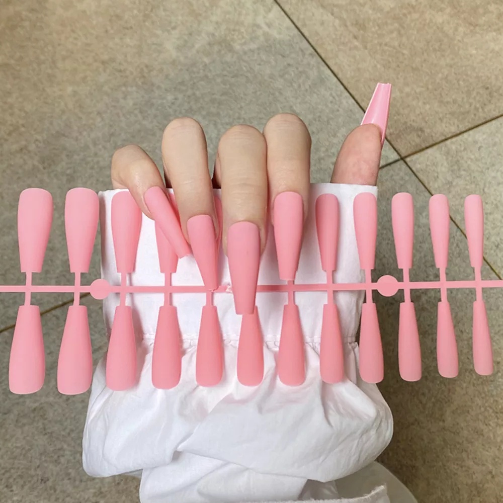 24pcs / Set Kuku Palsu Panjang Full Cover Warna Matte Polos Bahan Akrilik Untuk Manicure Diy