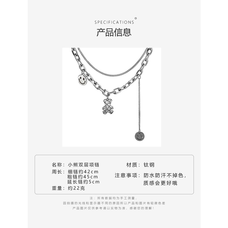 Korea ins titanium steel double wall beruang lucu kalung pria dan wanita kepribadian Smiley liontin