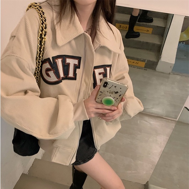 jaket korduroi pendek retro wanita loose casual import korean style jaket hitam baseball wanita