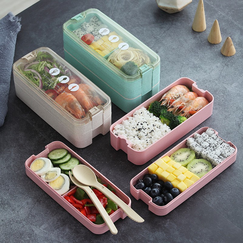 KOTAK BEKAL/ TEMPAT MAKAN/ LUNCH BOX 2 SUSUN BAHAN SERAT JERAMI GANDUM 750ML BPA FREE