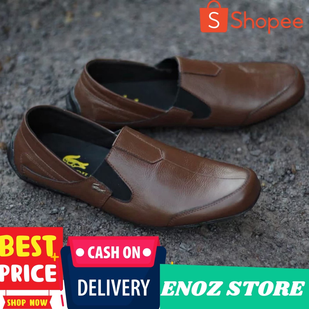 ENOZSTORE - Slop Kasual Pria Kulit Asli Sepatu Slip On Formal Kerja Casual Keren Trendy Kekinian Nyaman Ringan Elegant Bagus