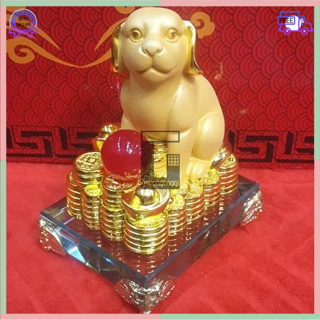 Patung Pajangan Hiasan Imlek Hoki Rejeki Fengshui Lucky 12 Zodiak Shio Anjing Chrome Emas Gold Resin