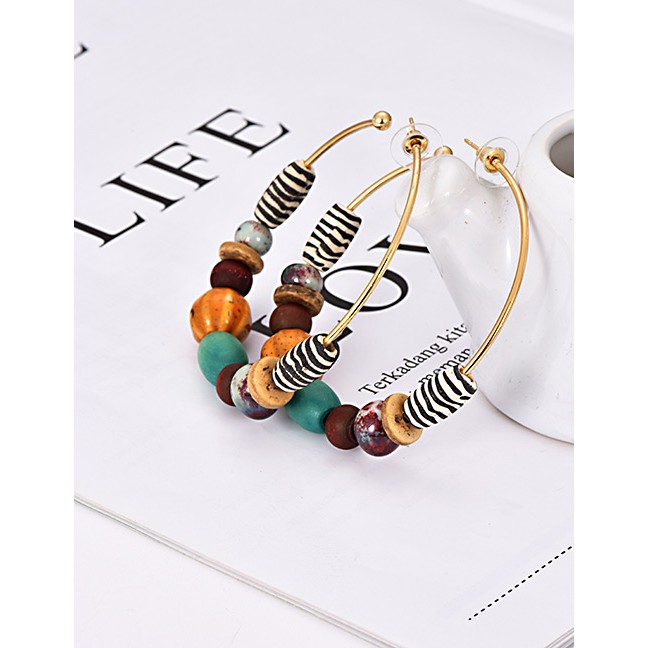 LRC Anting Tusuk Fashion Color Alloy Round Wooden Beads Earrings F32678