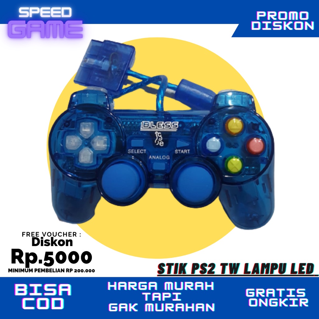 Stik stick PS 2 PS2 TW BLESS Transparan Lampu Warna Kelap kelip