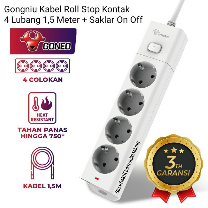 Gongniu Kabel Roll Stop Kontak 4 Lubang 1.5 Meter Saklar Switch On Off 1,5M 1,5 M