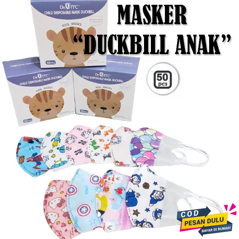 1Box 50pcs Masker Anak Duckbill Earloop Mask Motif Karakter Random Warna Warni Face Mask Kids