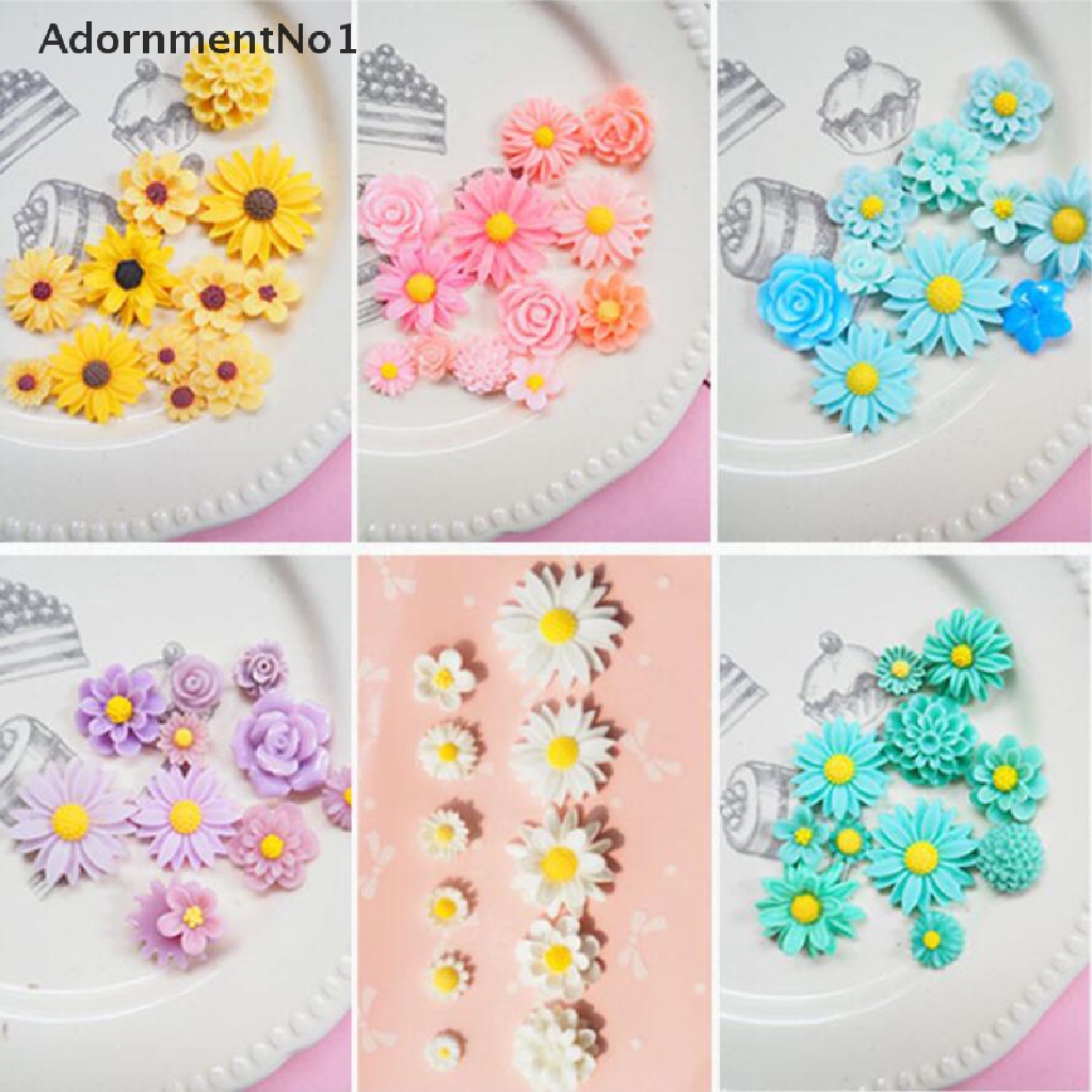 (AdornmentNo1) 11pcs / Set Charm Cabochon Flatback Motif Bunga Aster Bahan Resin Untuk Scrapbook / Craft DIY